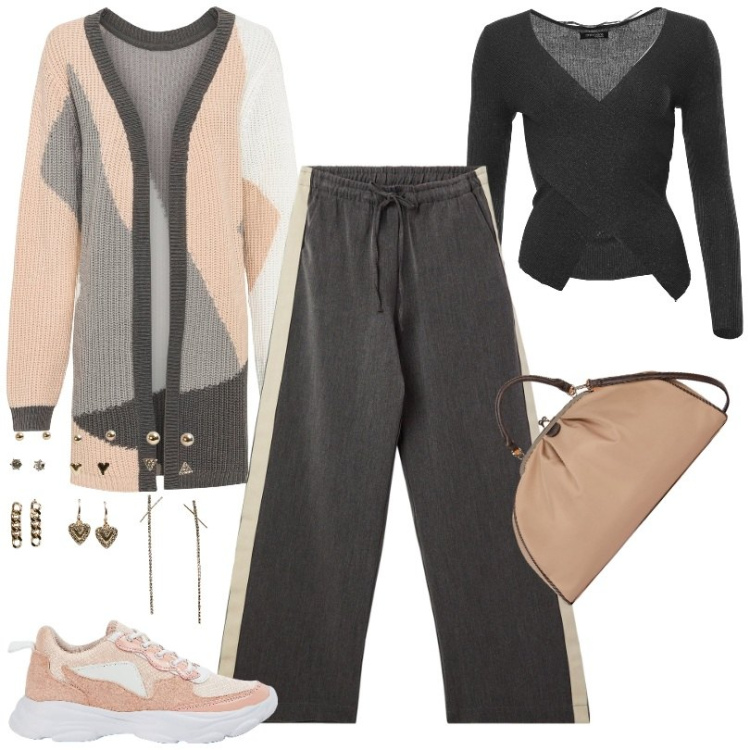 Outfit donna - Total look #1993640. Stile Trendy per Tutti i giorni. Abbinamento con cardigans, pantaloni, sneakers, orecchini, maglieria, borse a spalla.