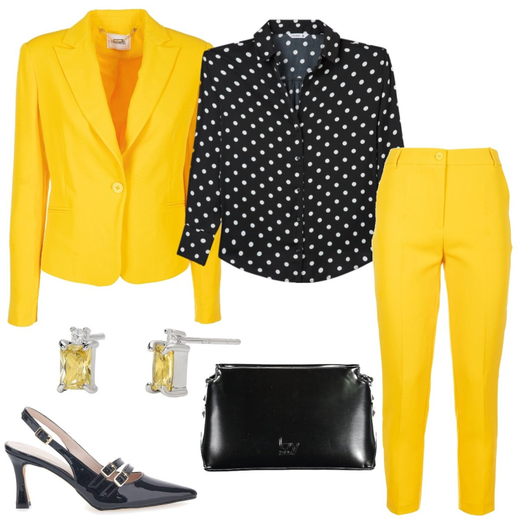 Outfit donna - Total look #1993641. Stile Chic per Serata fuori. Abbinamento con camicie, orecchini, blazer, pantaloni, décolleté, borse a tracolla.