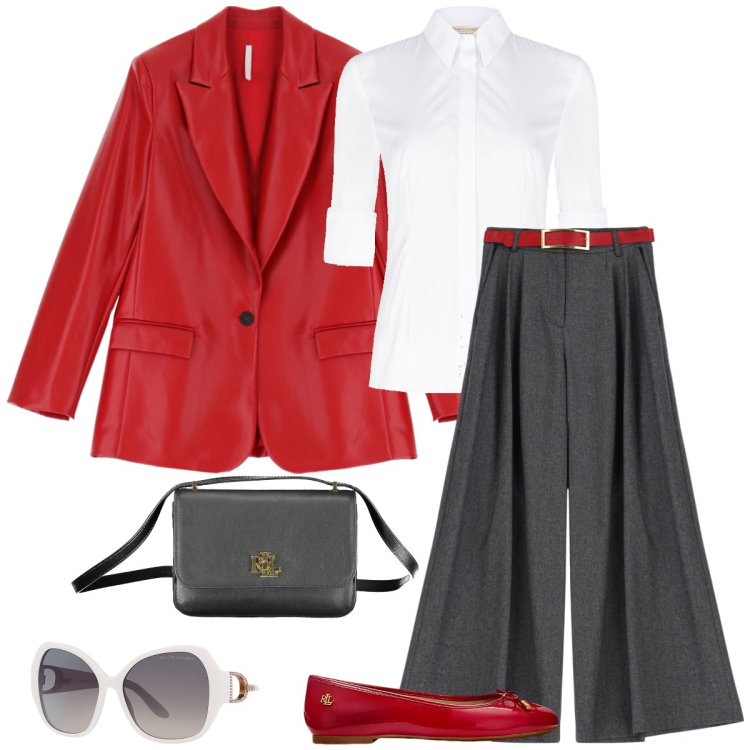 Outfit donna - Total look #1993647. Stile Chic per Ufficio. Abbinamento con camicie, pantaloni, blazer, occhiali da sole, ballerine, borse a tracolla.