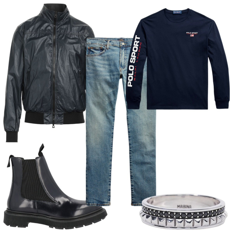 Outfit uomo - Dettagli in ecopelle. Stile Biker Rock per Tutti i giorni. Abbinamento con giacche, stivali e stivaletti, anelli, jeans, t-shirt.