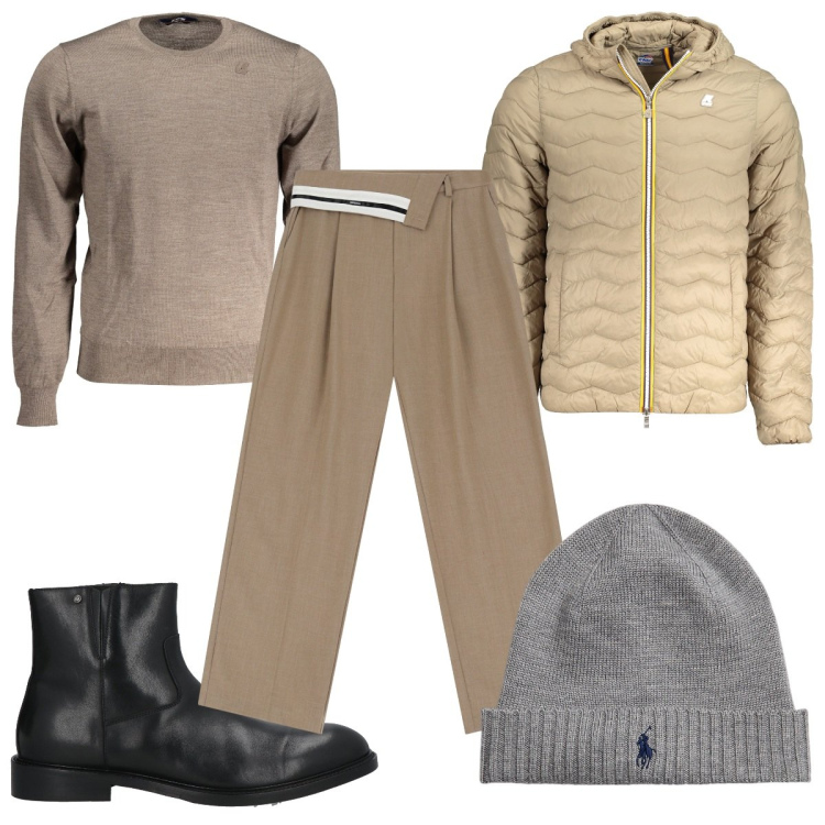 Outfit uomo - Dettagli in ecopelle: gli stivaletti. Stile Trendy per Tutti i giorni. Abbinamento con stivali e stivaletti, pantaloni a palazzo, berretti, maglieria, giacche.