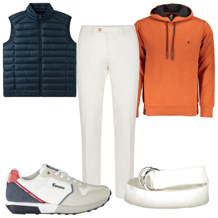 Outfit uomo - Total look #1993659. Stile Trendy per Tutti i giorni. Abbinamento con gilet, pantaloni chino, felpe con cappuccio, cinture, sneakers.