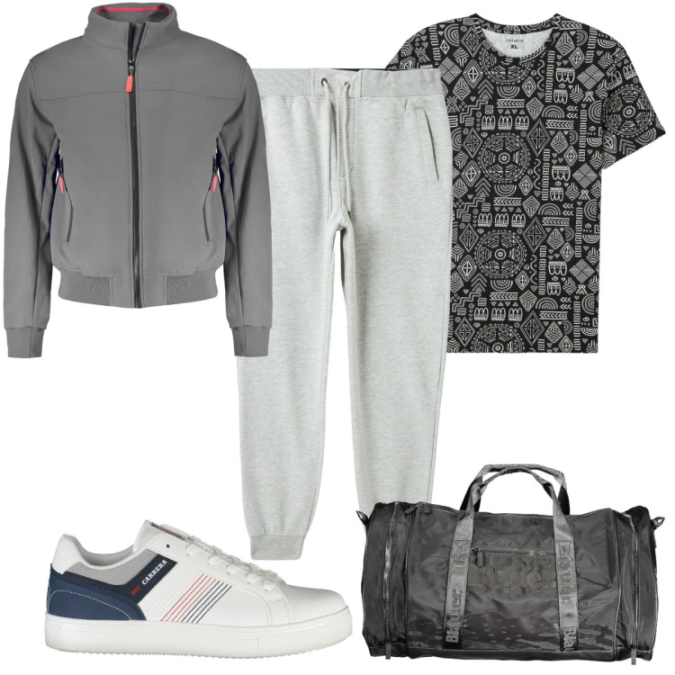 Outfit uomo - Total look #1993662. Stile Trendy per Sport. Abbinamento con t-shirt, pantaloni, borse sportive, sneakers, giacche sportive.