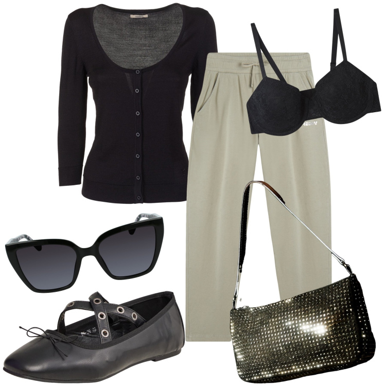 Outfit donna - La borsa luccicante di giorno. Stile Trendy per Tutti i giorni. Abbinamento con ballerine, reggiseni, borse a spalla, cardigans, pantaloni, occhiali da sole.