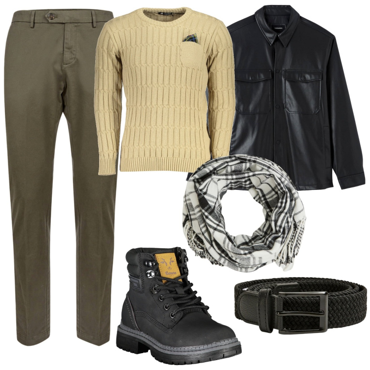 Outfit uomo - Dettagli in ecopelle. Stile Urban per Tutti i giorni. Abbinamento con cappotti, cinture, sciarpe, pantaloni chino, stivali, maglieria.