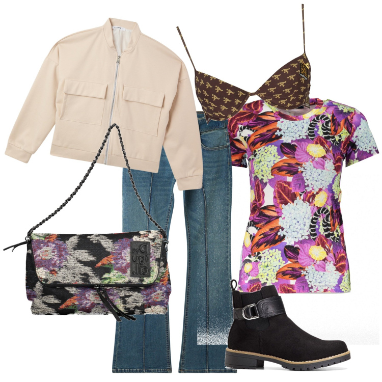 Outfit donna - Comodo lunedì. Stile Trendy per Tutti i giorni. Abbinamento con stivaletti, bomber, jeans a zampa, reggiseni push-up, borse a mano, t-shirt.