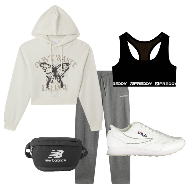 Outfit donna - Al parco. Stile Sporty chic per Sport. Abbinamento con marsupi, felpe con cappuccio, pantaloni, top sportivi, sneakers.