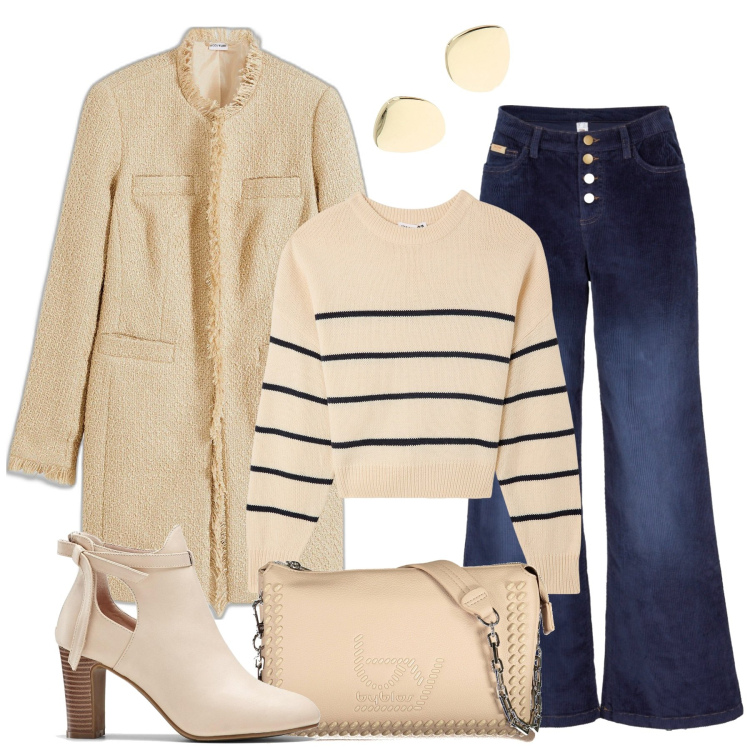 Outfit donna - Il soprabito con il jeans. Stile Basic per Tutti i giorni. Abbinamento con stivaletti, pantaloni, blazer, maglieria, orecchini, borse a spalla.