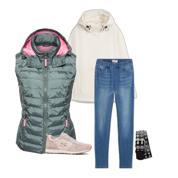 Outfit donna - Sfumature invernali. Stile Casual per Tutti i giorni. Abbinamento con gilet, sneakers, jeggings, cinture, felpe.