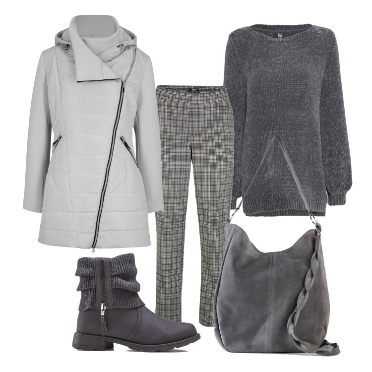 Outfit donna - Total look in grigio. Stile Casual per Tutti i giorni. Abbinamento con pantaloni, maglieria, borse a mano, stivaletti, blazer.