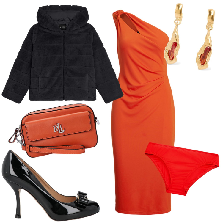 Outfit donna - Sognare un sabato sera wow. Stile Glamour per Serata fuori. Abbinamento con décolleté, blazer, pochette, vestiti asimmetrici, culotte, orecchini.