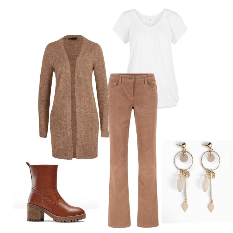 Outfit donna - Sfumature invernali. Stile Casual per Tutti i giorni. Abbinamento con pantaloni, orecchini, stivaletti, cardigans, t-shirt.