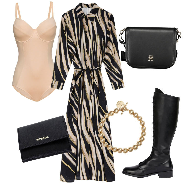 Outfit donna - In forma. Stile Casual chic per Tutti i giorni. Abbinamento con body, vestiti lunghi, portafogli, braccialetti, borse a tracolla, stivali.