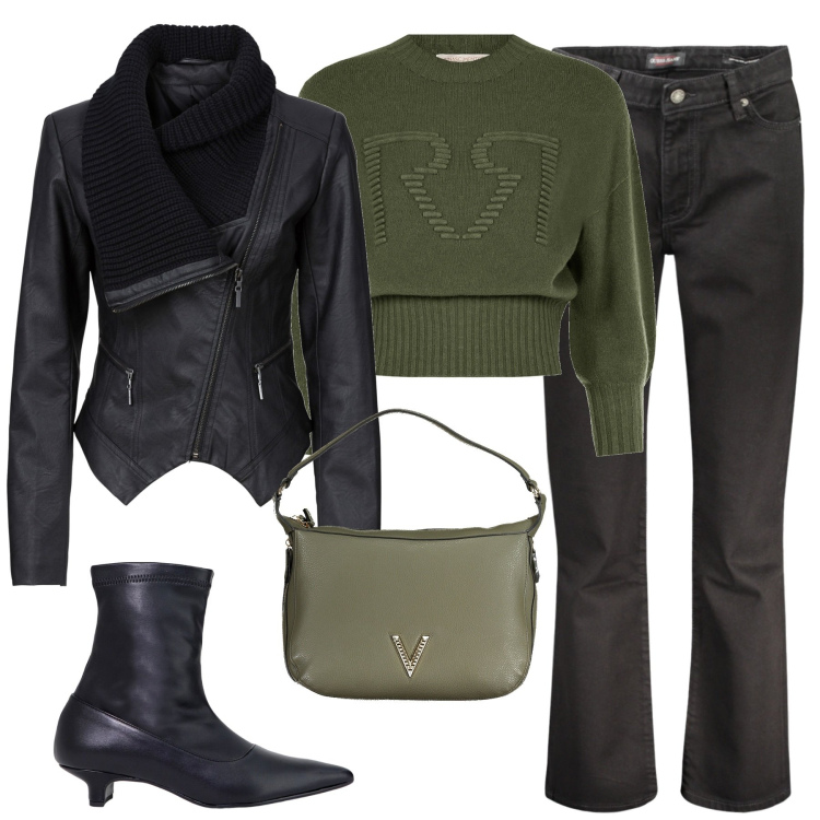 Outfit donna - City. Stile Casual chic per Tutti i giorni. Abbinamento con blazer, maglieria, stivaletti, borse a spalla, jeans dritti.