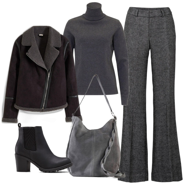 Outfit donna - Total grigio. Stile Casual per Ufficio. Abbinamento con pantaloni a palazzo, borse a mano, stivaletti, blazer, maglieria.