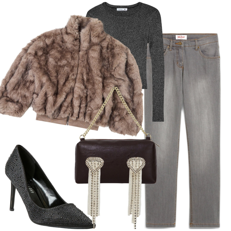Outfit donna - La pelliccia sintetica. Stile Casual chic per Serata fuori. Abbinamento con jeans dritti, ecopellicce, maglieria, décolleté, orecchini, borse a tracolla.