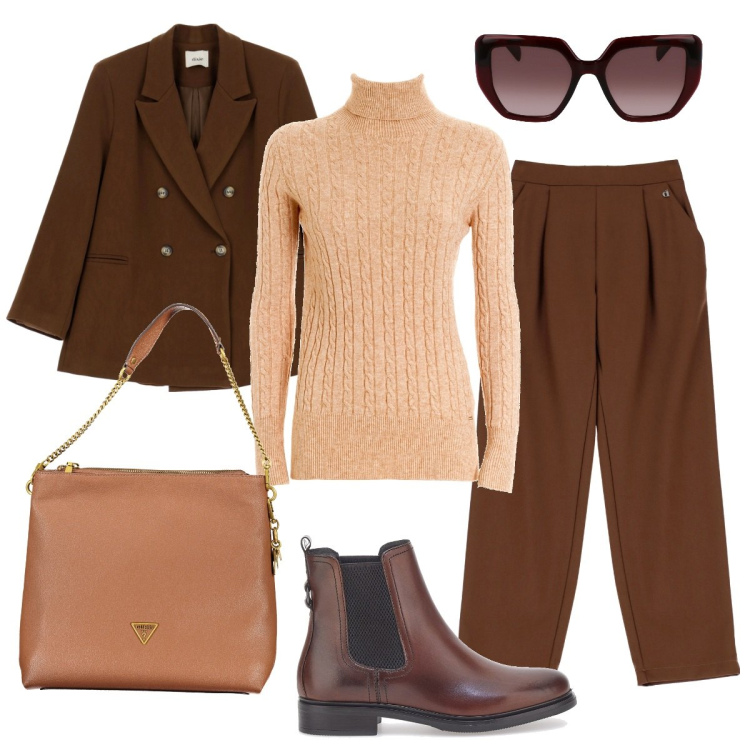 Outfit donna - Marron glacé. Stile Minimal per Ufficio. Abbinamento con maglieria, pantaloni, blazer, stivaletti, borse a tracolla, occhiali da sole.