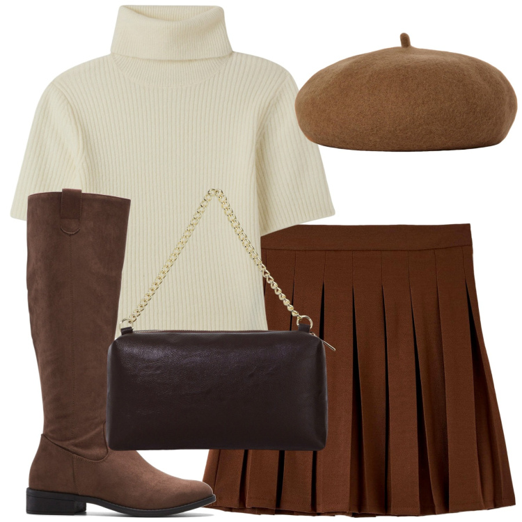 Outfit donna - City. Stile Preppy per Tutti i giorni. Abbinamento con stivali, minigonne, maglieria, borse a tracolla, cappelli e berretti.