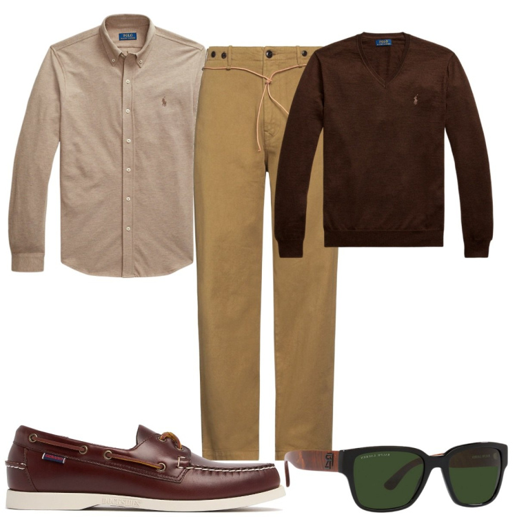 Outfit uomo - Camicia Oxford color sabbia. Stile Casual per Tutti i giorni. Abbinamento con pantaloni chino, camicie, maglieria, occhiali da sole, scarpe stringate.