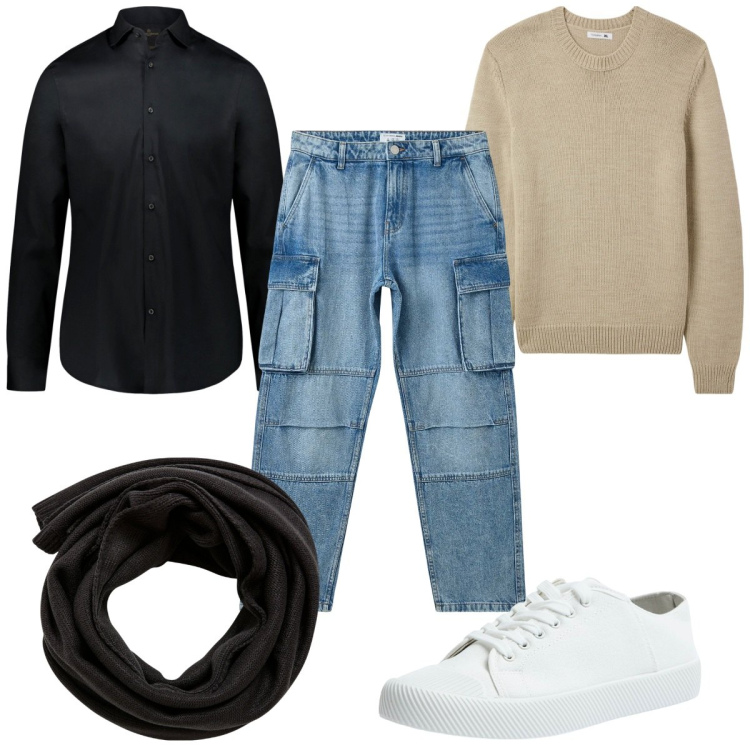 Outfit uomo - Total look #1993799. Stile Trendy per Tutti i giorni. Abbinamento con sciarpe, maglieria, jeans, sneakers, camicie.