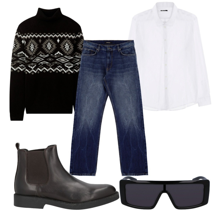 Outfit uomo - Total look #1993801. Stile Trendy per Tutti i giorni. Abbinamento con stivali e stivaletti, maglieria, camicie, jeans dritti, occhiali da sole.