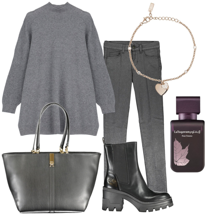 Outfit donna - Grigio a novembre. Stile Trendy per Tutti i giorni. Abbinamento con profumi, braccialetti con ciondoli, maglieria, pantaloni, stivali, borse a spalla.