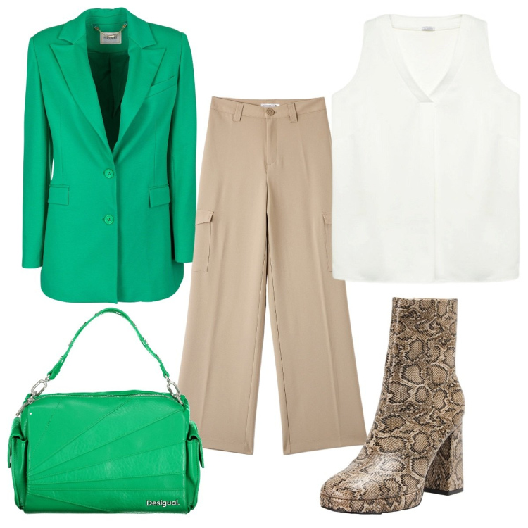 Outfit donna - Bantoa Singles\' Day : in verde. Stile Trendy per Tutti i giorni. Abbinamento con pantaloni cargo, stivaletti, blazer, top, borse a spalla.