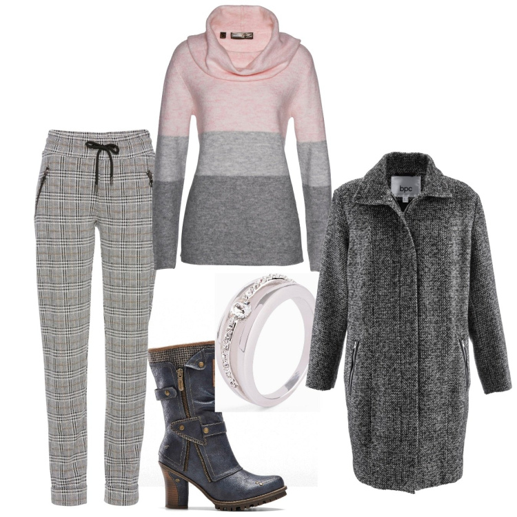 Outfit donna - Sfumature di grigio. Stile Casual chic per Tutti i giorni. Abbinamento con pantaloni, maglieria, anelli, cappotti, stivali.