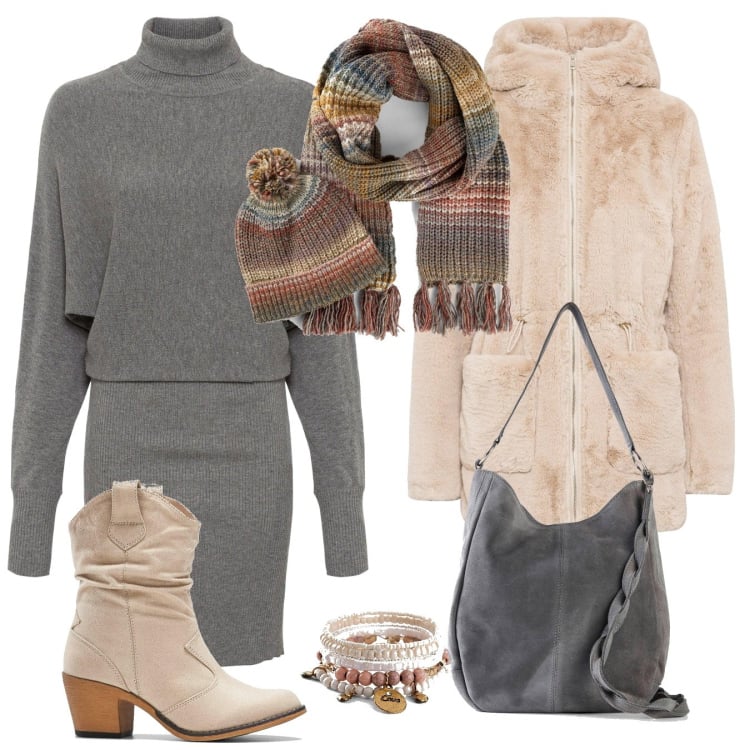 Outfit donna - Grigio invernale. Stile Trendy per Tutti i giorni. Abbinamento con vestiti, ecopellicce, borse a mano, stivaletti texani, sciarpe, braccialetti.