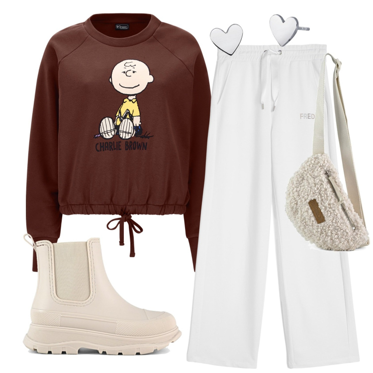 Outfit donna - Total look. Stile Casual chic per Tutti i giorni. Abbinamento con orecchini, felpe, pantaloni, stivali, marsupi.