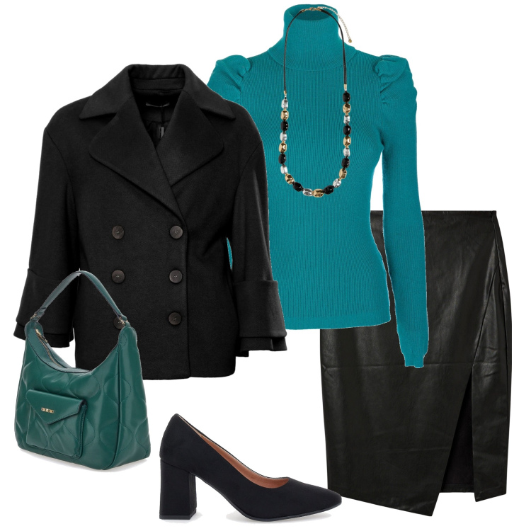 Outfit donna - Serata. Stile Casual chic per Serata fuori. Abbinamento con gonne longuette, cappotti, maglieria, décolleté, borse a spalla, collane.