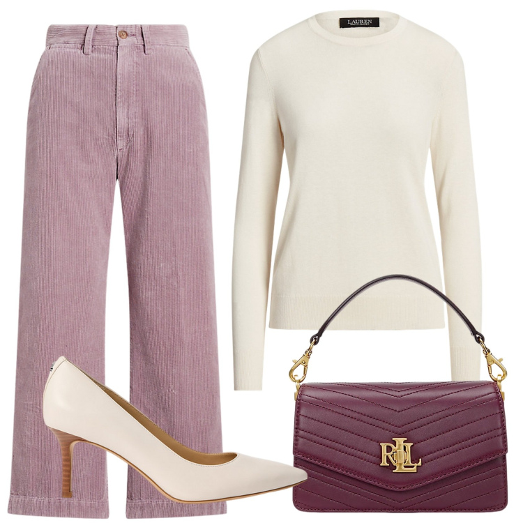 Outfit donna - Pantaloni velluto. Stile Chic per Ufficio. Abbinamento con maglieria, pantaloni, borse a tracolla, décolleté.