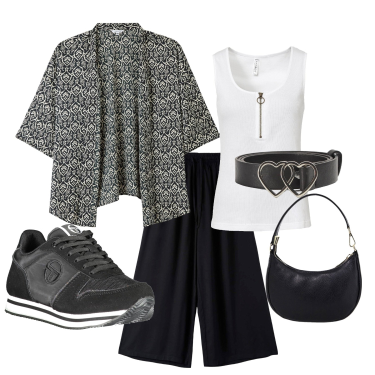 Outfit donna - Black & white. Stile Casual per Tutti i giorni. Abbinamento con top, pantaloni a palazzo, blazer, cinture, borse a spalla, sneakers.