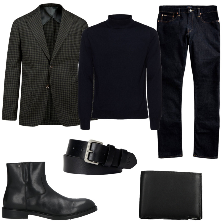 Outfit uomo - Blazer classico. Stile Casual per Serata speciale. Abbinamento con stivali e stivaletti, cinture, jeans, giacche, maglieria, portafogli.