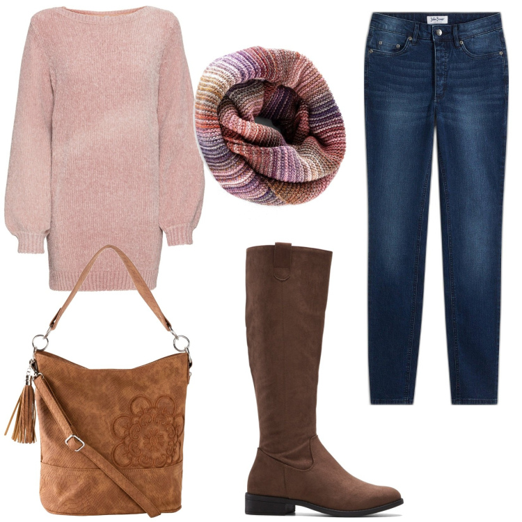 Outfit donna - Bonprix inverno. Stile Basic per Tutti i giorni. Abbinamento con maglieria, borse a mano, stivali, jeans skinny, foulard.
