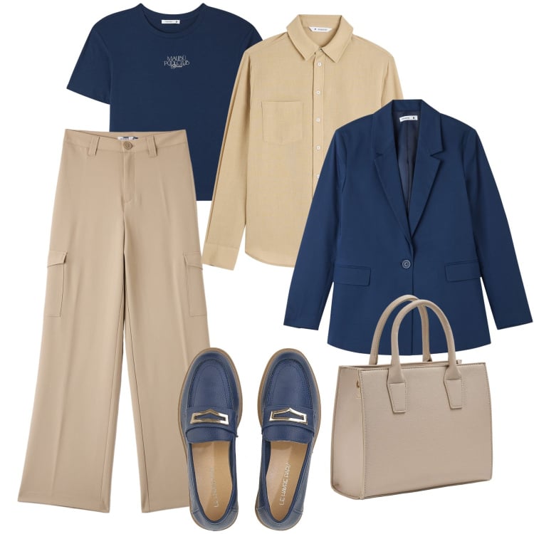 Outfit donna - Ufficio easy total sale !. Stile Casual chic per Ufficio. Abbinamento con t-shirt, blazer, pantaloni cargo, shopping bag, camicie, mocassini.