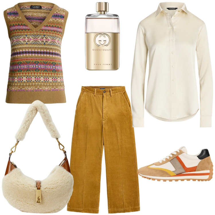 Outfit donna - Velluto a coste. Stile Casual chic per Tutti i giorni. Abbinamento con profumi, camicie, sneakers, pantaloni, borse a spalla, maglieria.