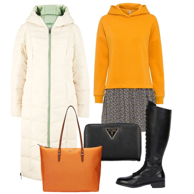 Outfit donna - Il piumino lungo. Stile Urban per Tutti i giorni. Abbinamento con vestiti, blazer, borse tote, stivali, portafogli.