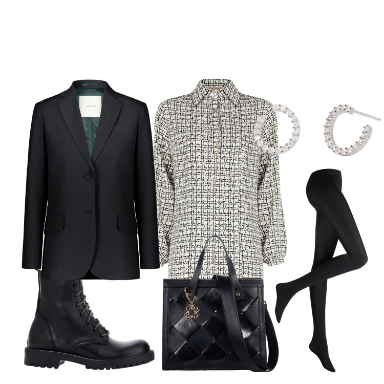 Outfit donna - In ufficio. Stile Chic per Ufficio. Abbinamento con collant, orecchini, vestiti midi/longuette, borse a mano, stivaletti, blazer.
