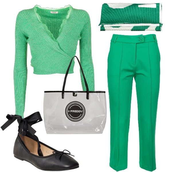 Outfit donna - Verde menta. Stile Casual chic per Ufficio. Abbinamento con ballerine, pantaloni, maglieria, shopping bag, sciarpe.