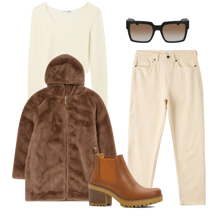 Outfit donna - Novembre. Stile Casual per Tutti i giorni. Abbinamento con stivaletti chelsea, ecopellicce, jeans mom, t-shirt, occhiali da sole.
