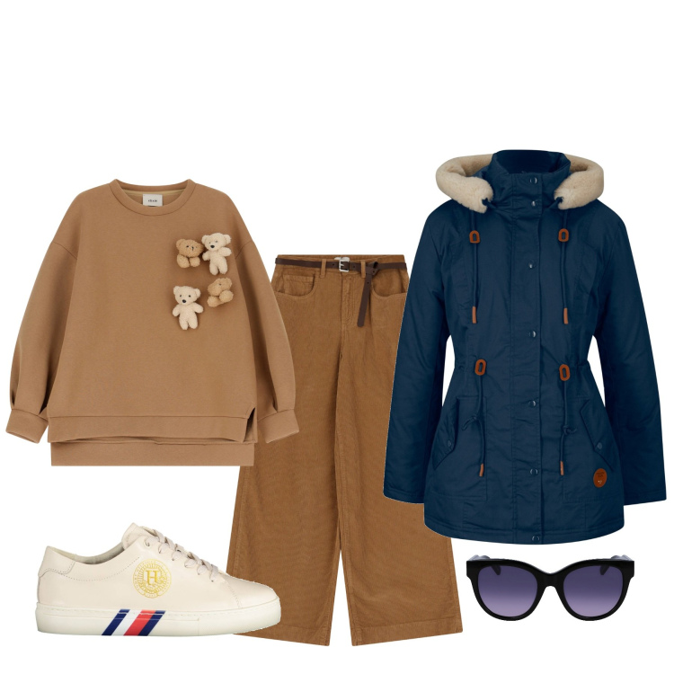 Outfit donna - Pantalone gamba dritta. Stile Basic per Tutti i giorni. Abbinamento con parka, felpe, pantaloni, occhiali da sole, sneakers.