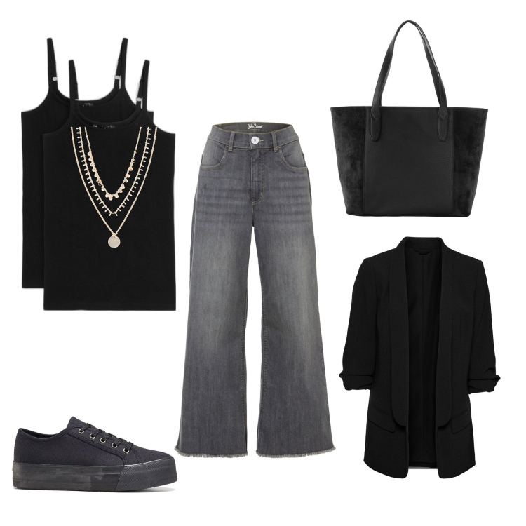 Outfit donna - Total look #1993960. Abbinamento con jeans, shopping bag, top, collane, sneakers, blazer.