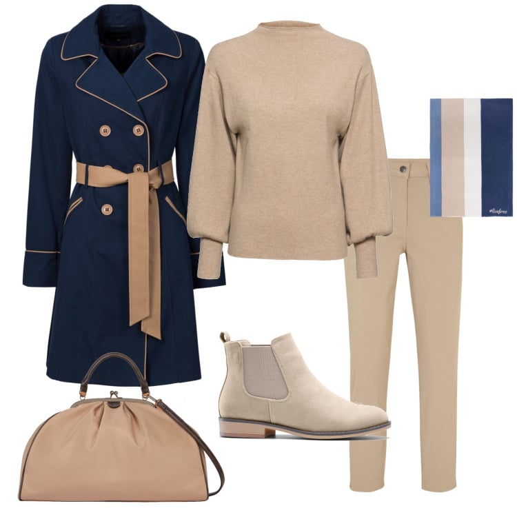 Outfit donna - Total look #1993973. Stile Bon Ton per Ufficio. Abbinamento con maglieria, pantaloni, trench, stivaletti chelsea, borse a spalla, sciarpe.