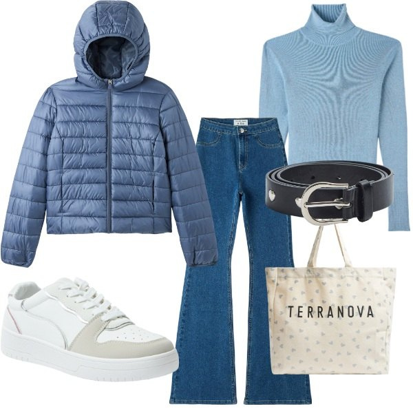Outfit donna - Spesa da Terranova in blu. Stile Casual per Scuola/Università. Abbinamento con blazer, maglieria, jeggings, sneakers, cinture, shopping bag.