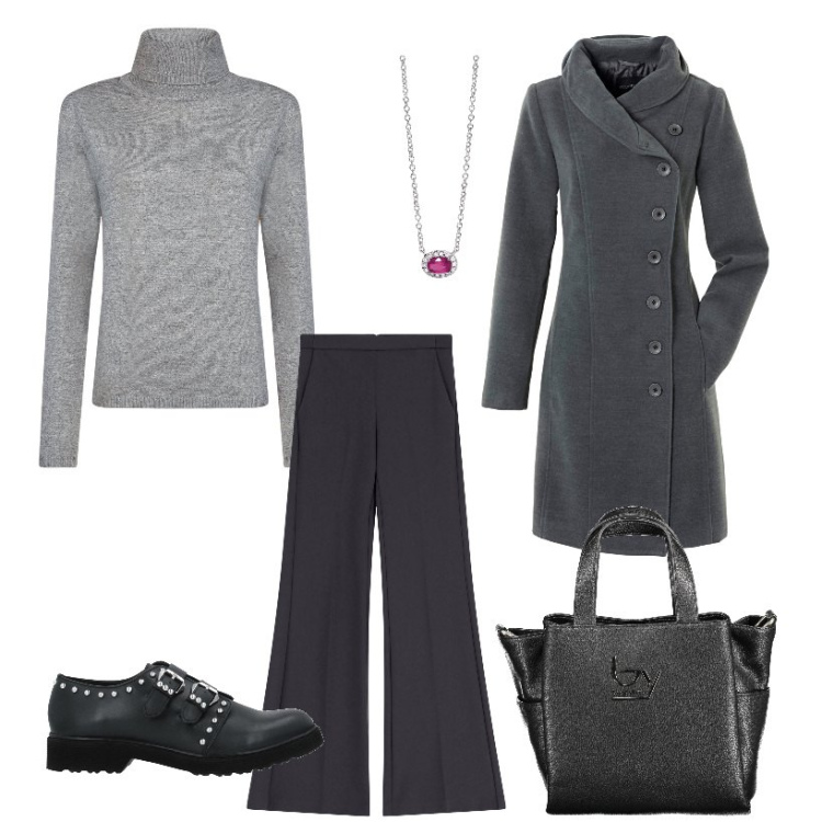 Outfit donna - Grey. Stile Casual per Tutti i giorni. Abbinamento con cappotti, mocassini, collane, pantaloni, maglieria, borse a spalla.