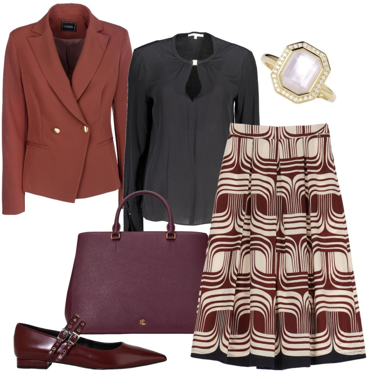 Outfit donna - Saldi a novembre. Stile Bon Ton per Ufficio. Abbinamento con anelli, blazer, gonne, ballerine, borse a mano, camicie.