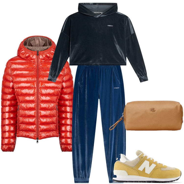Outfit donna - Il velluto elasticizzato. Stile Sporty chic per Sport. Abbinamento con sneakers, pantaloni, felpe con cappuccio, pochette, blazer.