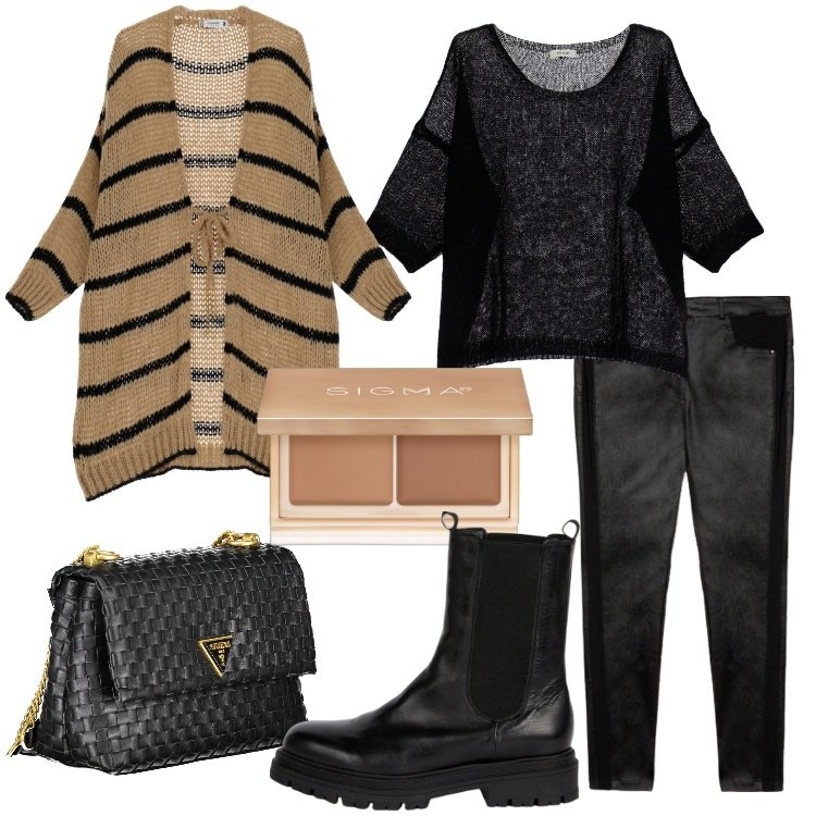 Outfit donna - Morbidi abbracci. Stile Trendy per Tutti i giorni. Abbinamento con correttori, cardigans, pullovers, pantaloni skinny, borse a tracolla, stivaletti chelsea.