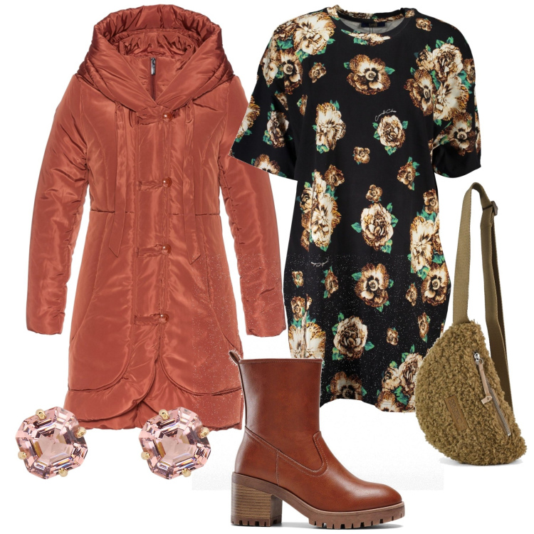 Outfit donna - Stasera pizza. Stile Trendy per Serata fuori. Abbinamento con stivaletti, cappotti, orecchini, marsupi, vestiti corti.